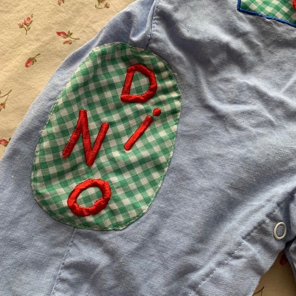 Dinosaur 0-6 Months Denim Baby Overalls Checkered Plaid 90s Vintage - Picture 2 of 8